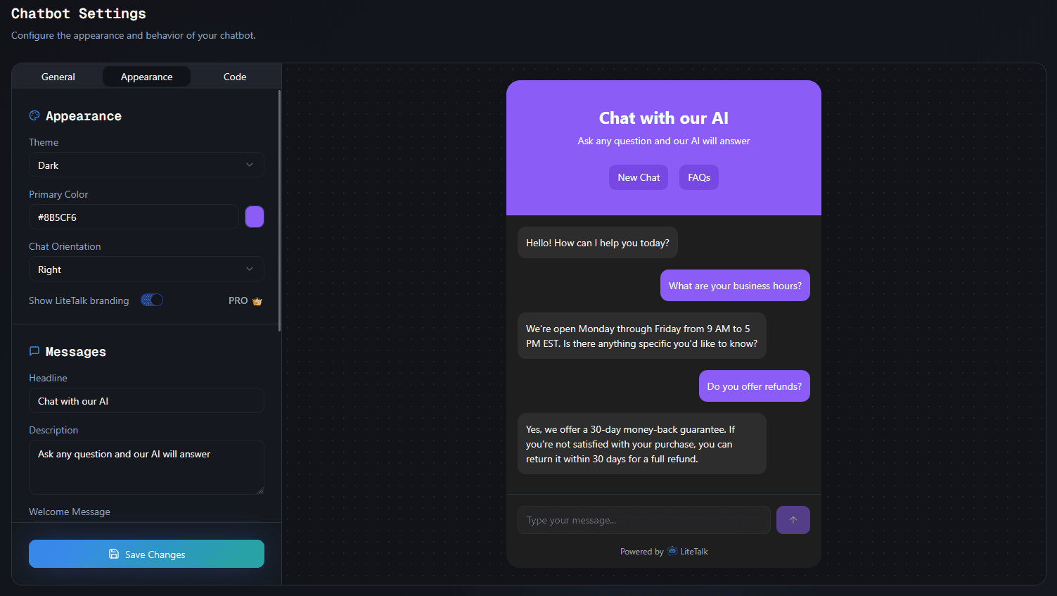 Chatbot settings appearance