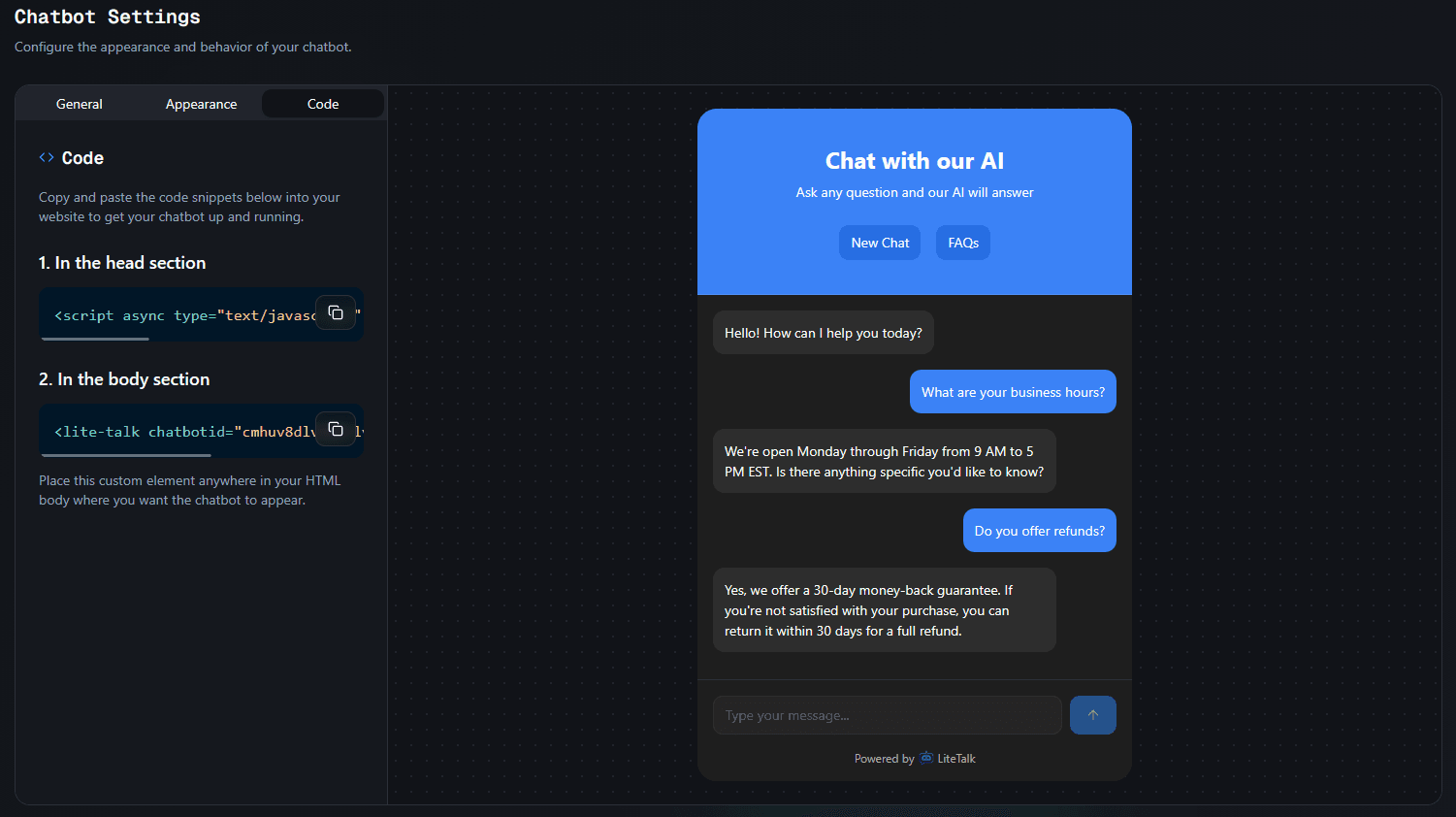Chatbot settings code