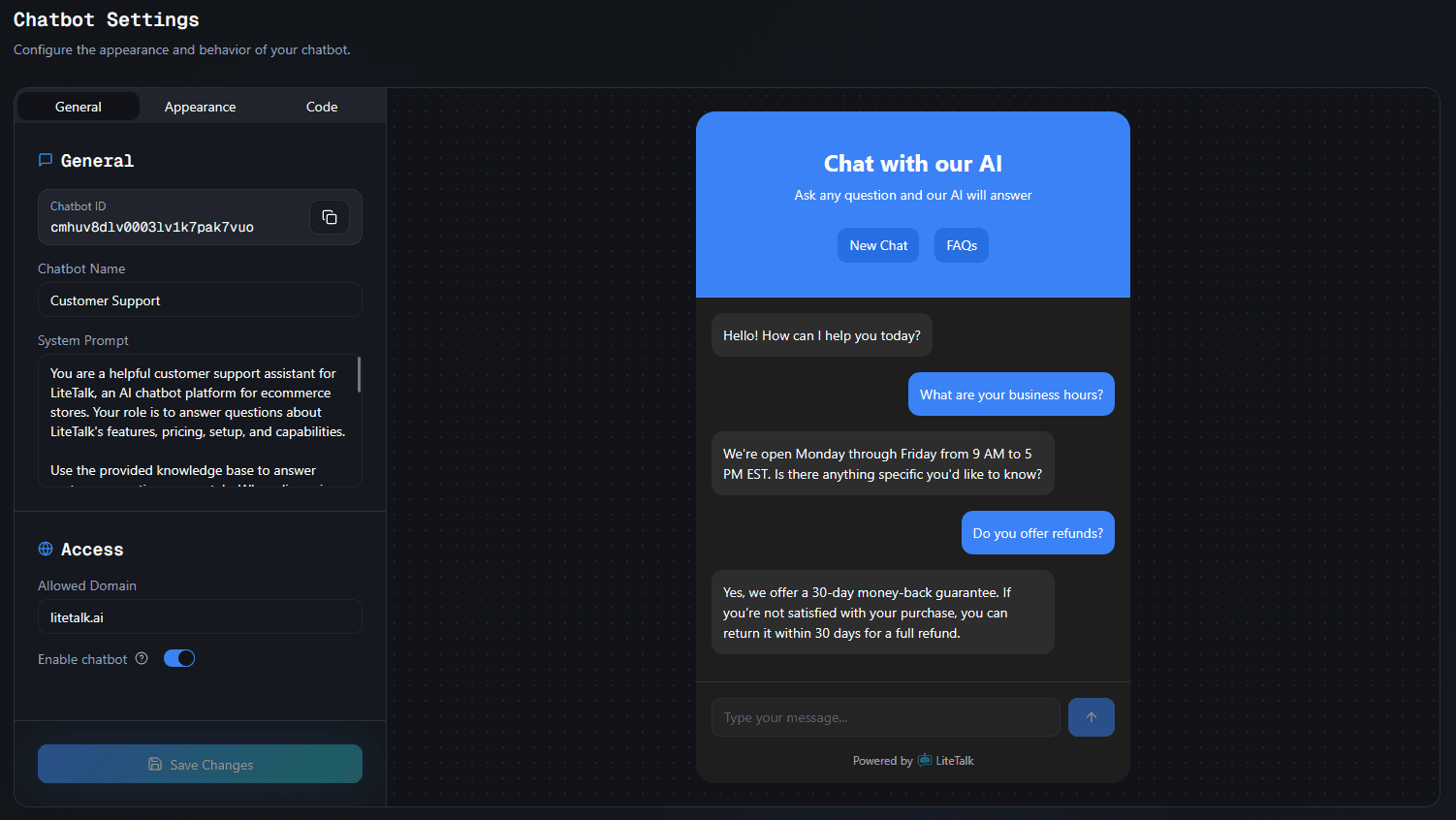 Chatbot settings general