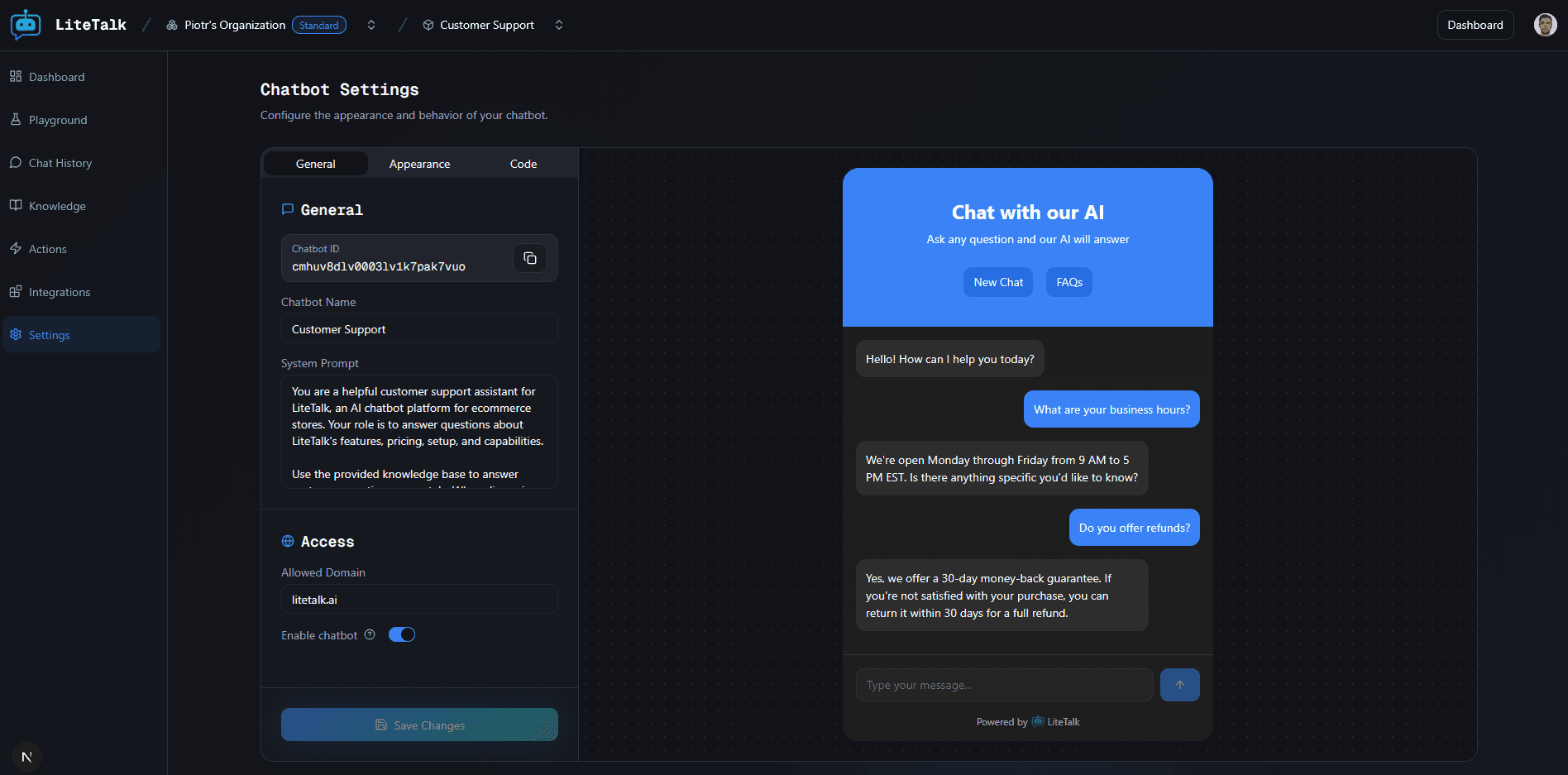 Chatbot settings page