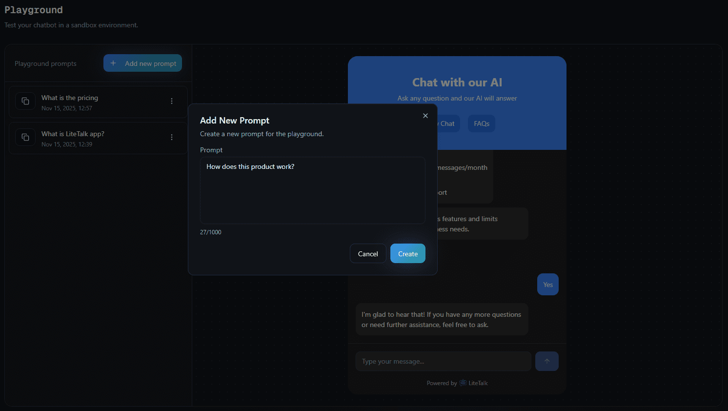 Plaground prompt dialog